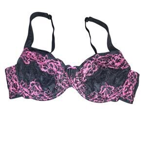Lane Bryant Cacique Black Pink Lace Unlined Underwire Rose Lace Bra 42D